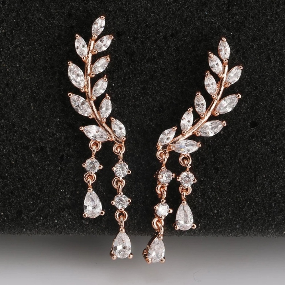 AAA CZ Rose Gold Color Copper Angel Wings Studs - Picture 2 of 6